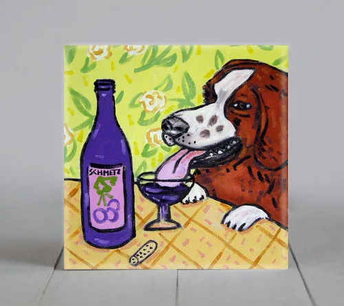 Vista 4 de Brittany at the Wine Bar Dog Art coaster tile Gift animal decor modern folk color dog lover
