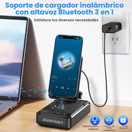 Vista 2 de Jteman - Soporte para teléfono celular con altavoz Bluetooth y cargador inalámbrico