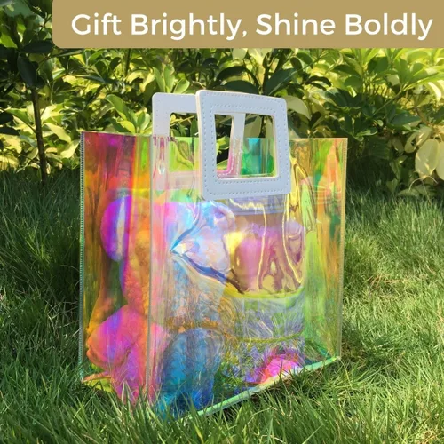 Vista 3 de VUOJUR 2 bolsas de regalo holográficas pequeñas de 8.3 pulgadas con papel de seda - orquídea