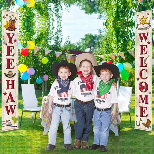 Vista 6 de Blulu Decoración de puerta de fiesta de vaquero occidental, decoración temática del salvaje oeste, cartel colgante de porche de bienvenida Yee Haw