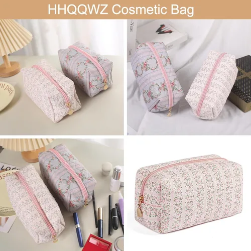 Vista 4 de Bolsa de maquillaje de viaje para mujeres y niñas, bolsa de maquillaje con cremallera, flores florales, organizador de maquillaje, bolsa de tela