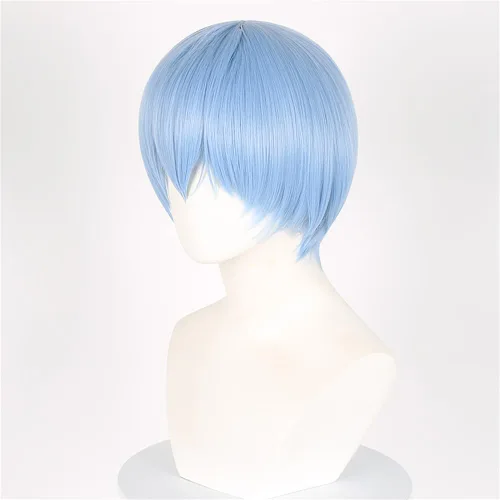 Vista 3 de Peluca corta de anime cosplay azul hielo para hombres y mujeres, peluca sintética de fiesta de disfraces de Halloween