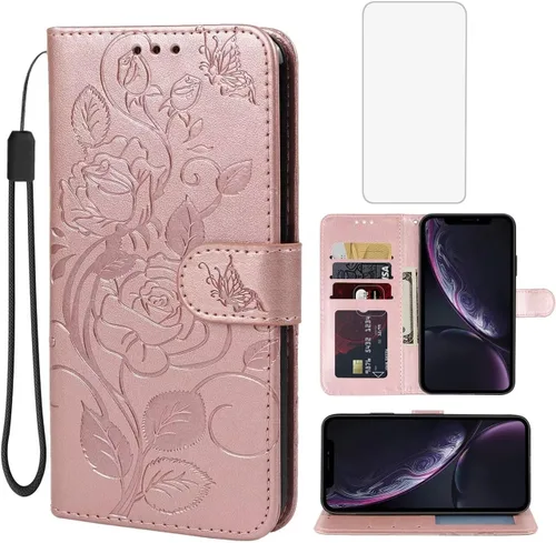 Vista 9 de Funda tipo cartera para iPhone XR con protector de pantalla de vidrio templado, funda de cuero con diseño de flores para tarjeta de crédito
