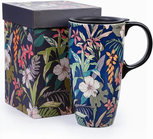 Vista 14 de DUSVALLY Taza de viaje de cerámica de 17oz con tapa, taza de café floral Azul