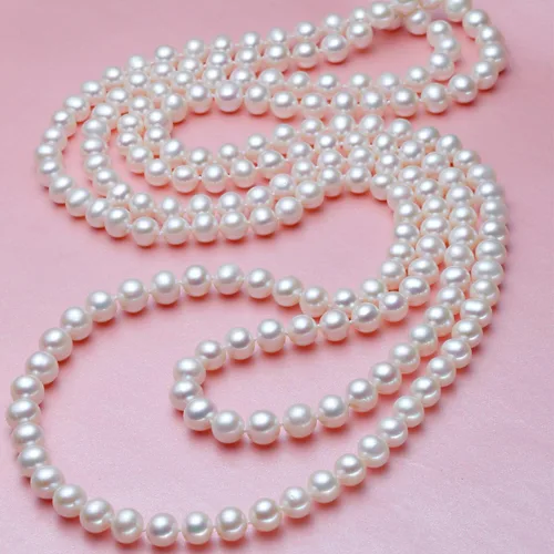 Vista 6 de Merdia Elegante suéter blanco largo para mujer, collar de perlas creadas, collar de cuentas