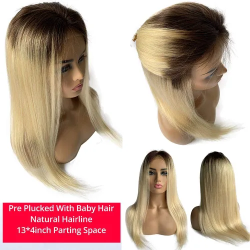 Vista 2 de 24 pulgadas de largo, peluca de encaje frontal, rubio miel, cabello humano real, liso, 150 % de densidad, cabello brasileño virgen, pelucas