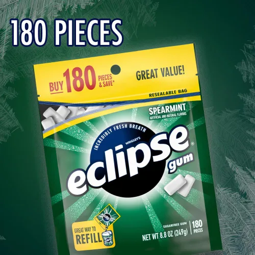 Vista 3 de ECLIPSE Chicle de menta verde sin azúcar, paquete a granel de chicle de menta, 8.8 onzas (bolsa de 180 piezas) Crisp spearmint sugar free gum, for