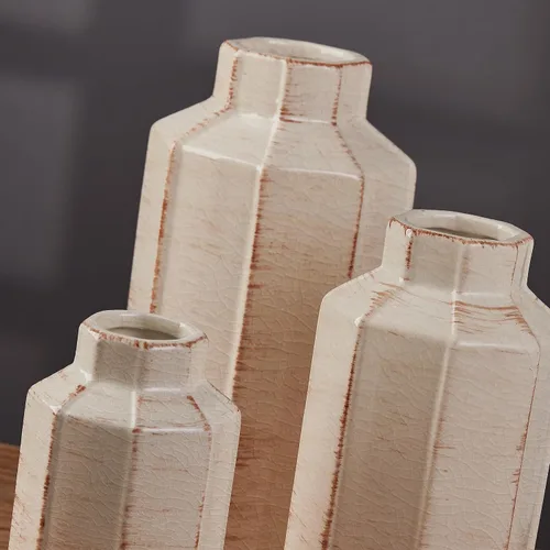 Vista 7 de LUKA Juego de 3 jarrones de cerámica rústica de terracota esmaltada agrietada con hielo, jarrones grandes para decoración, jarrones decorativos