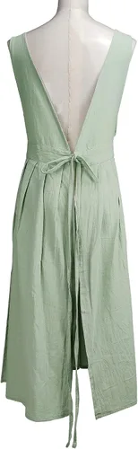 Vista 8 de Delantal plisado vintage para mujeres y niñas, cuello en V, para jardinería, de algodón, vestido de pinafore Verde