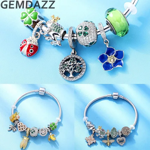 Vista 3 de GEMDAZZ Dijes temáticos de animales en plata de ley 925, bonito oso polar 3D, rana, cigarra, mariquita, abeja, libélula para pulseras europeas