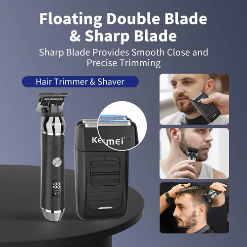 Vista 2 de KEMEI Recortadora de barba profesional para hombres, afeitadora eléctrica de aluminio y juego de aseo facial para hombres, recortadora de precisión