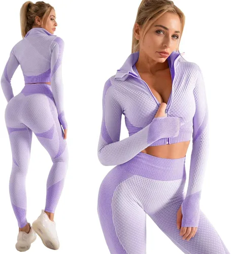 Vista 2 de Veriliss Conjunto de 3 piezas de entrenamiento sin costuras para mujer, gimnasio, deportes, escuela, correr, yoga, ropa deportiva