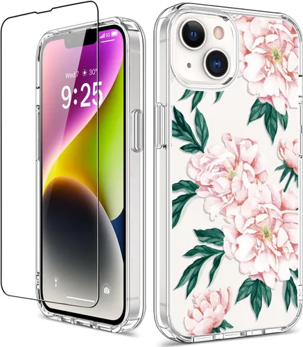 Vista 17 de Funda para iPhone 14 Pro con protector de pantalla, 6.1 pulgadas, transparente de cuerpo completo, a prueba de golpes, diseño floral, para niñas