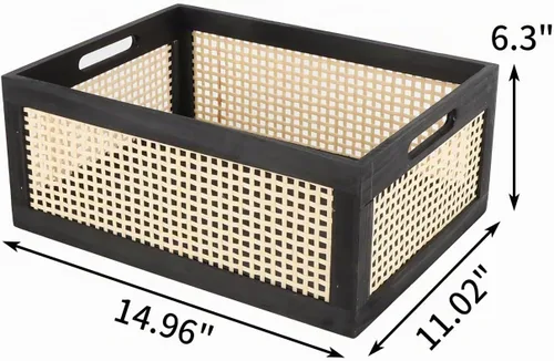 Vista 4 de SHCMSADO Cesta de almacenamiento con marco de madera, caja organizadora decorativa con asa integrada, cajón de almacenamiento de madera de alambre