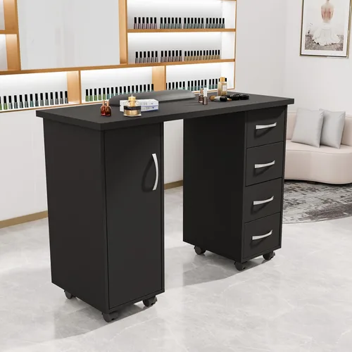 Vista 6 de OmySalon Mesa de Manicura con Gabinete, Cajones, Ruedas y Reposamuñecas, Estación de Trabajo de Madera para Salón de Spa y Belleza, Equipo de Arte