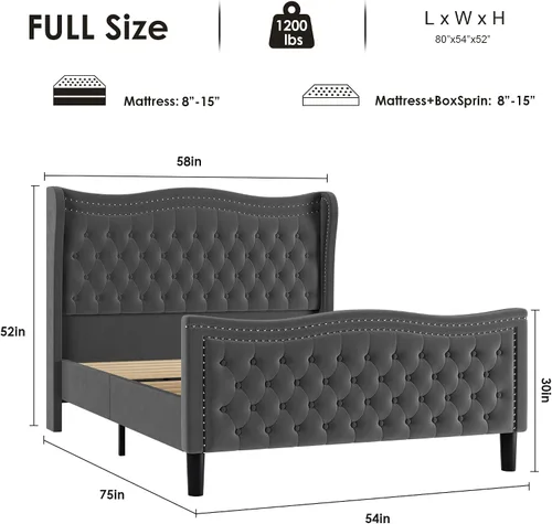 Vista 2 de Estructura de cama Full con cabecera y pie de cama altos, estructura de cama plataforma tapizada en terciopelo con respaldo tipo alas acolchado