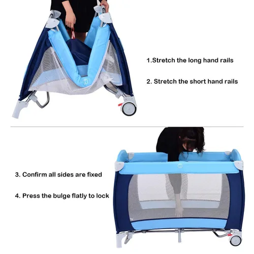 Vista 5 de HONEY JOY Empaca y juega con moisés, 4 en 1 portátil para bebé con cambiador, red y juguetes lindos, bolsa de almacenamiento de pañales, caja de Azul