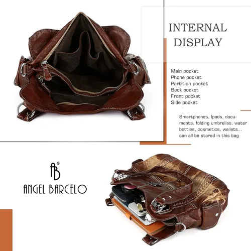 Vista 282 de Angel Barcelo - Bolsa de hombro amplia para mujer, diseño Hobo, cuero lavado