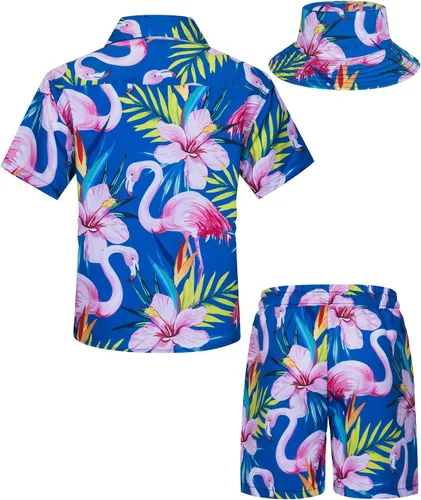 Vista 2 de TUNEVUSE Little & Big Boys - Conjunto de camisas hawaianas con botones y pantalones cortos con sombrero de pescador, trajes de verano estampados