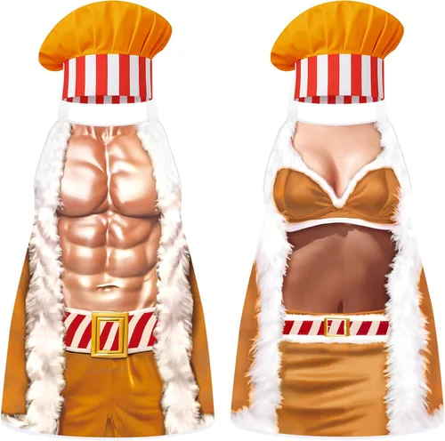 Vista 8 de 4 Piezas de Delantales de Navidad con Sombreros para Mujeres y Hombres, Delantales de Cocina Ajustables Divertidos para Cocinar para BBQ y Fiesta