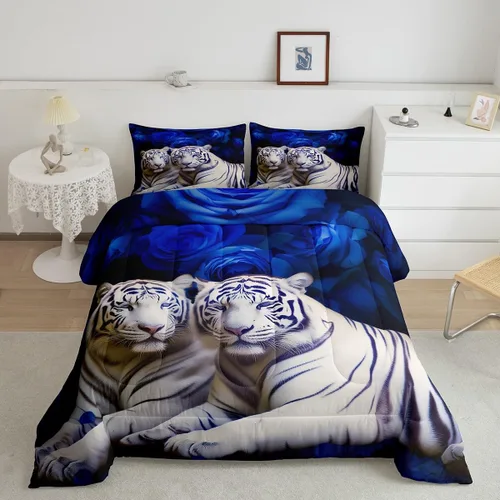 Vista 32 de Erosebridal Juego de ropa de cama de guepardo con rosa azul, juego de edredón con estampado de leopardo y gato, edredón romántico de plumón