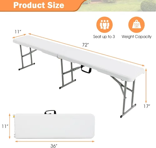 Vista 3 de Goplus Banco plegable de plástico de 6 pies, asiento plegable portátil con capacidad de 550 libras para interiores y exteriores, picnic, fiesta