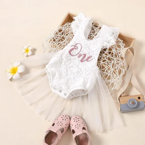 Vista 2 de IBTOM CASTLE Traje de bebé niña para primer cumpleaños, estilo bohemio, con un volantes, de encaje, tutú de princesa, vestido sin espalda, sesión
