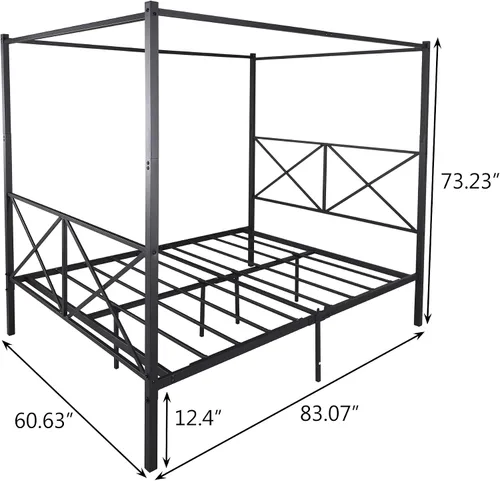 Vista 2 de Cama con dosel de metal, con plataforma de 4 postes de Coner con cabecera entrecruzada y estribo, tamaño Queen
