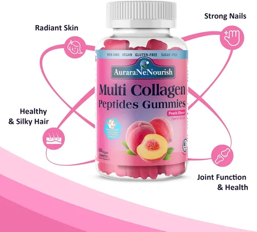 Vista 4 de Gomitas de péptidos de colágeno múltiple, sin azúcar, hidrolizadas, 5000 mg de proteína, tipo I, II, III, V, X, con biotina, ácido hialurónico