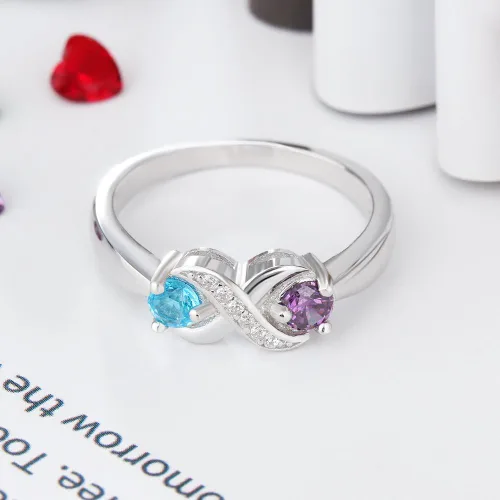 Vista 8 de Anillo personalizado para madres infinitas con 2 piedras natales redondas simuladas, anillos de compromiso para mujer