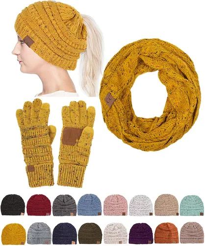 Vista 2 de JINS CLOSET Juego de 3 bufandas y guantes para mujer, diseño de cola de caballo