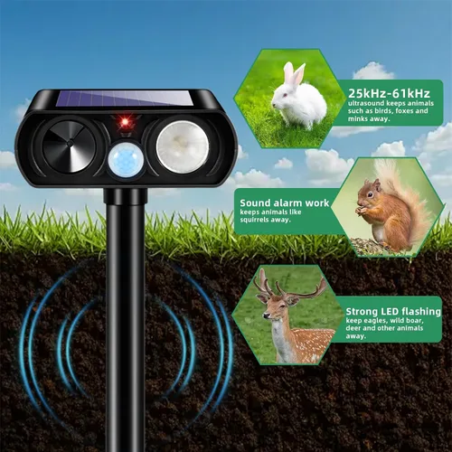 Vista 3 de Repelente solar ultrasónico de animales al aire libre, disuasorio de animales, repelente de gatos al aire libre con luz LED, dispositivo eficaz