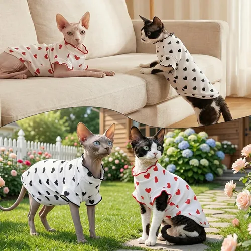 Vista 7 de DENTRUN Camisa suave de gato Sphynx, ropa transpirable con patrón de corazón para gatos