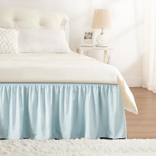 Vista 26 de Falda de cama RIMELA tamaño Queen color verde bebé con caída de 15 pulgadas, falda elástica envolvente, volante que protege contra el polvo
