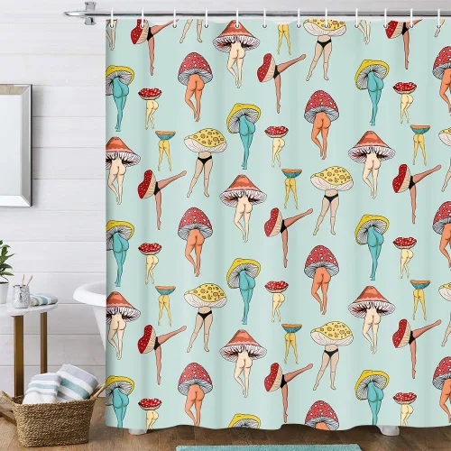 Vista 9 de Divertida cortina de ducha con trasero de hongo, divertida y sexy, de los años 70 y 80, cortinas de ducha de tela para baño, hippie, psicodélico