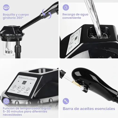 Vista 4 de Vaporizador facial, vaporizador facial poressional sobre ruedas con función de temporizador, vaporizador facial de ozono para spa, salón y uso