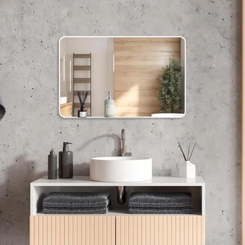 Vista 24 de Espejo de pared con estante para baño, 28 x 18 pulgadas, marco negro, espejos de pared para colgar horizontal o vertical, espejos modernos de pared