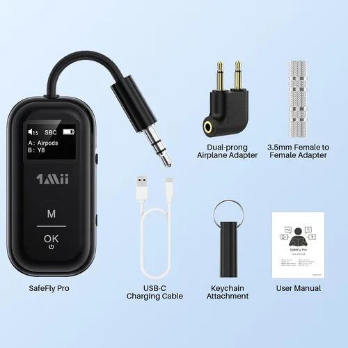 Vista 6 de 1Mii SafeFly Pro Bluetooth 5.3 Transmisor Receptor, Adaptador de Audio Inalámbrico con Pantalla para 2 Auriculares Bluetooth, AptX LL/HD/AD, Uso