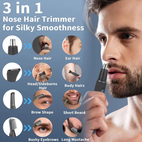 Vista 4 de Recortadora de vello de nariz para hombres, kit de aseo 3 en 1 sin dolor para nariz, orejas, cejas y vello corporal, recargable, sin tirones, sin