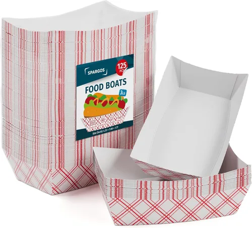 Vista 8 de SPARGOS Botes de comida de papel kraft de 3 libras (paquete de 125) – Bandejas desechables de color marrón rústico para bodas y embutidos – Cestas