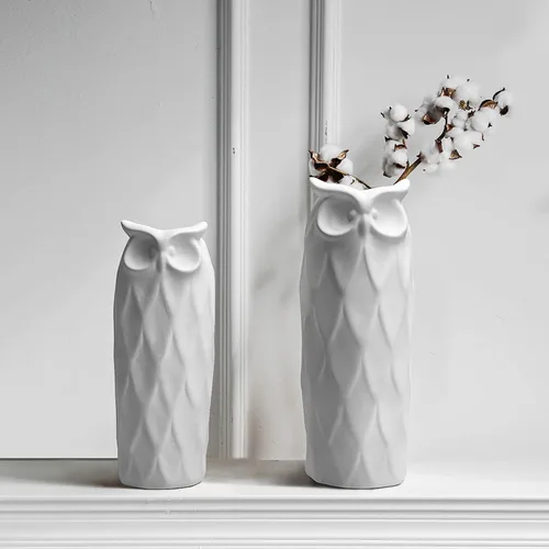Vista 2 de Juego de 2 jarrones de cerámica con diseño de búho para sala de estar, dormitorio, 9.45'' y 8.27'', jarrones modernos blancos para plantas y flores