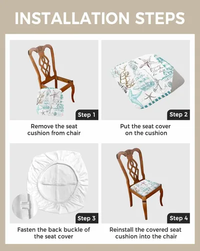 Vista 4 de Juego de 4 fundas de asiento de playa de verano verde azulado para sillas de comedor, fundas elásticas para sillas de cocina, conchas marinas
