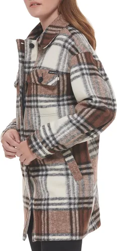 Vista 3 de Calvin Klein Chaqueta tipo camisa a cuadros para mujer con babero de forro polar desmontable