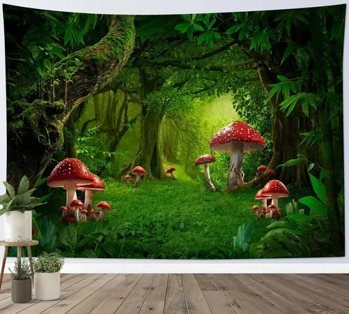 Vista 16 de HVEST Tapiz retro rojo de hongos para colgar en la pared, diseño floral rosa con fresa y mariposa en beige, tapiz para dormitorio, flores, plantas