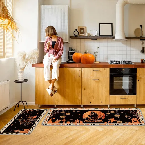 Vista 2 de Timgle 2 alfombras de Halloween con diseño de calabaza y esqueleto, diseño de bruja, para cocina y baño, decoración gótica para Halloween, hogar