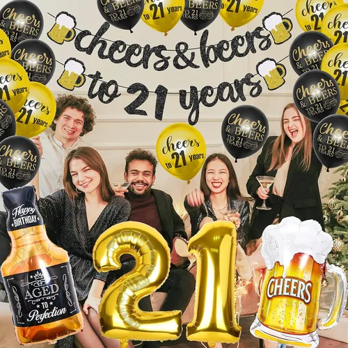 Vista 6 de 21st Birthday Anniversary Decorations for Men Women (Black Gold) Gold Foil Balloon, Cheers Cup Foil Balloon for Wedding Anniversary Party Supplies