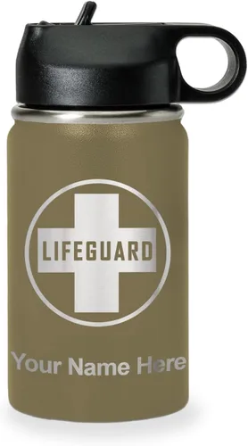 Vista 23 de LaserGram Botella de agua personalizada, salvavidas, acero inoxidable de doble pared aislada al vacío con popote superior, regalo grabado Negro