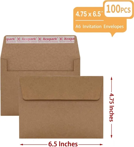 Vista 2 de Xxcxpark 100 unidades de sobres de invitación imprimibles A6 4.75x6.5 pulgadas, sobres autoadhesivos de 120GSM de papel kraft marrón