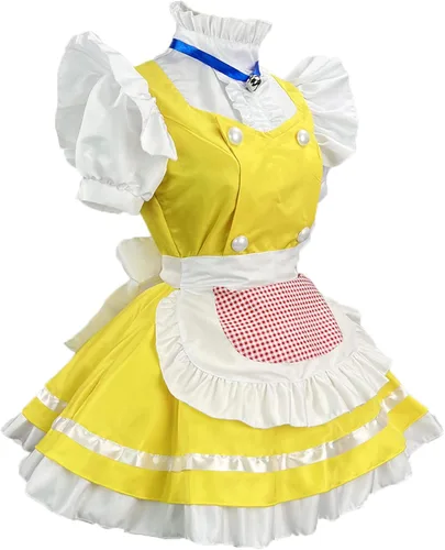 Vista 4 de Delantal de sirvienta amarillo de anime, vestido de Lolita, disfraz de cosplay, sombreros, calcetines con dobladillo de falda para mujeres y niñas