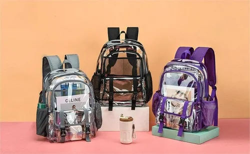 Vista 8 de Mochila transparente, bolsa transparente grande aprobada para estadios, resistente de PVC, transparente, mochilas para universidad, Gris, Mochilas